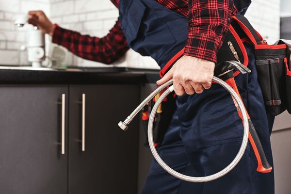 Master Plumber inspecting plumbing under a sink